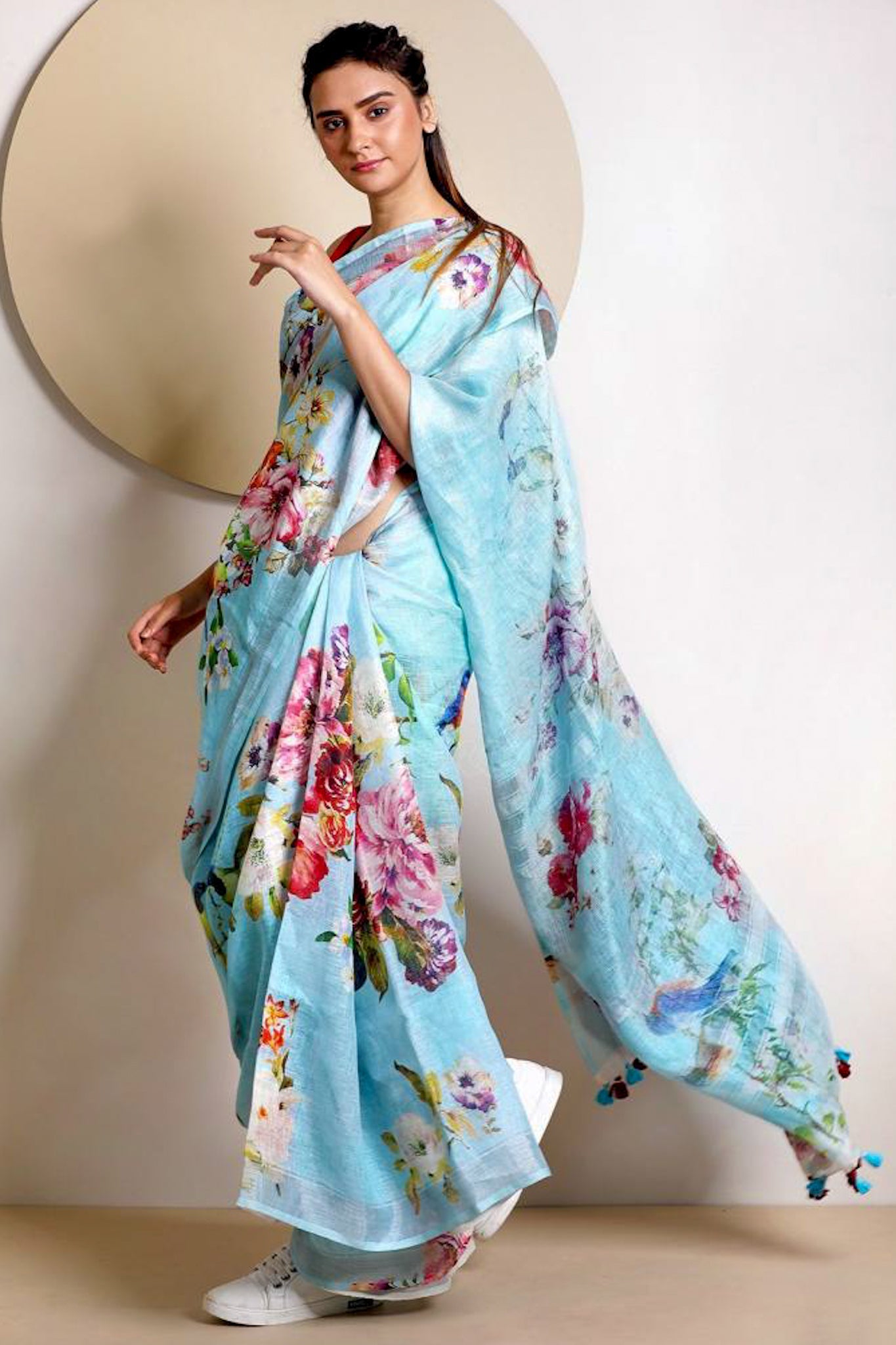 akira - blue digital printed handloom pure linen saree - linenworldonline.in