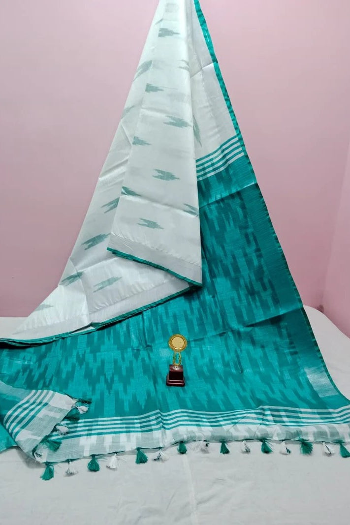 white handwoven ikat cotton saree - linenworldonline.in