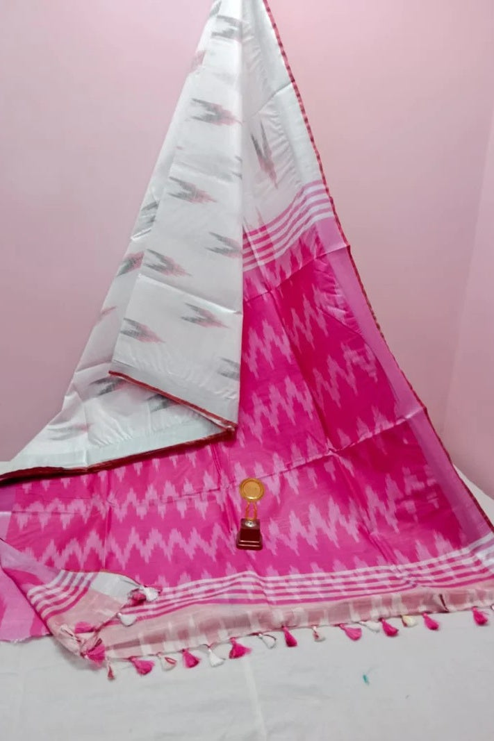 white pink handwoven ikat cotton saree - linenworldonline.in