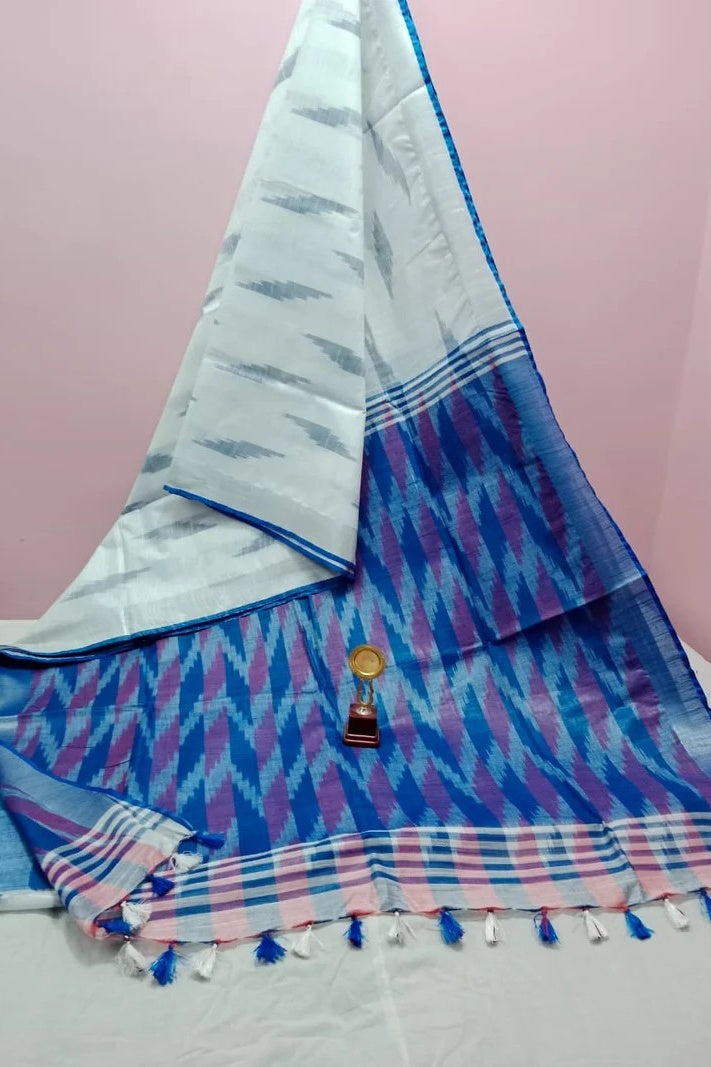 white handwoven ikat cotton saree - linenworldonline.in