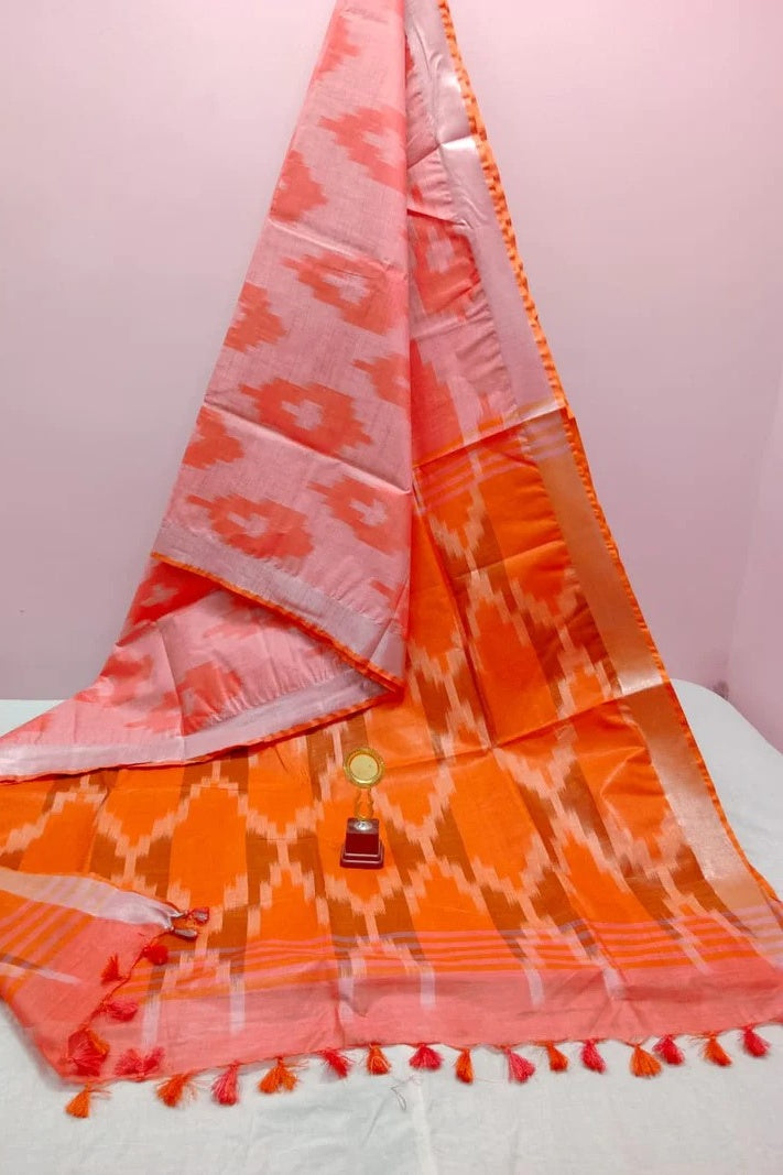 peach orange handwoven ikat cotton saree - linenworldonline.in