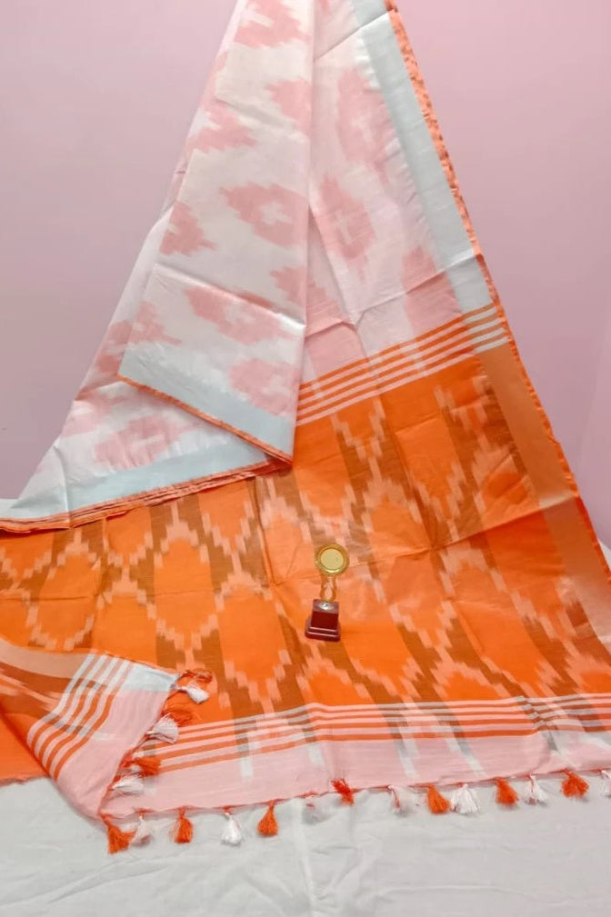 white orange handwoven ikat cotton saree - linenworldonline.in