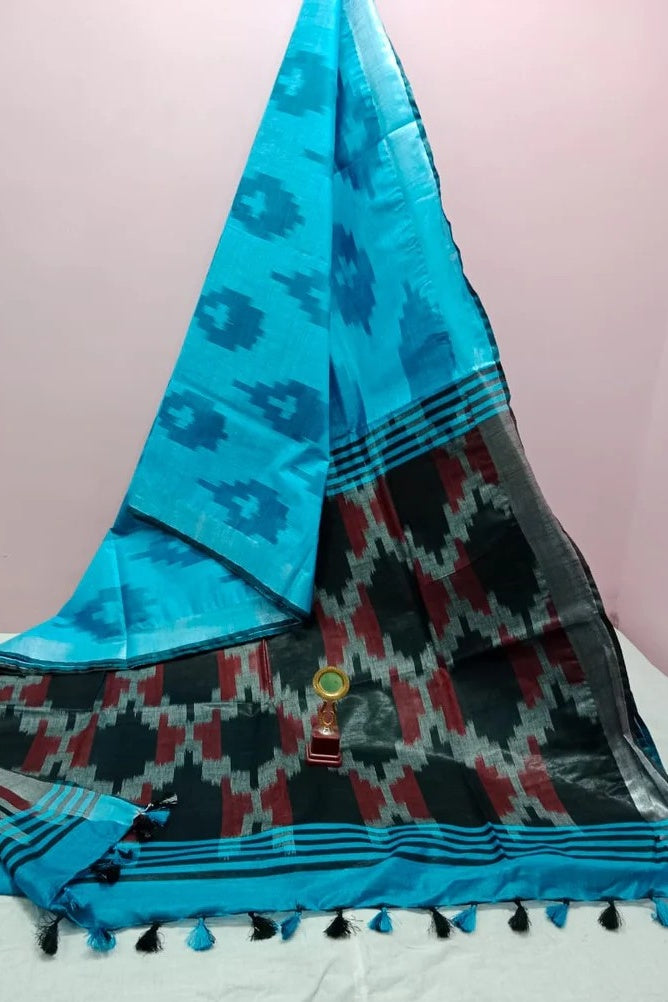 blue black handwoven ikat cotton saree - linenworldonline.in