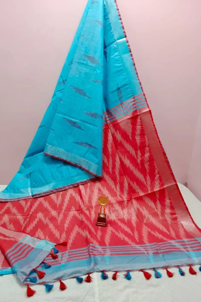 blue red handwoven ikat cotton saree - linenworldonline.in
