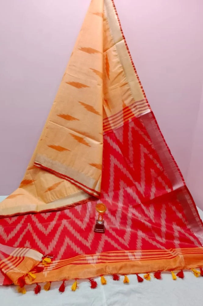 orange red handwoven ikat cotton saree - linenworldonline.in