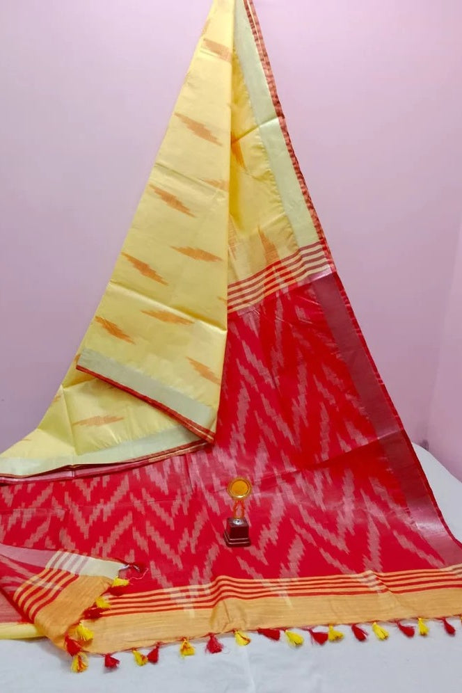 yellow red handwoven ikat cotton saree - linenworldonline.in