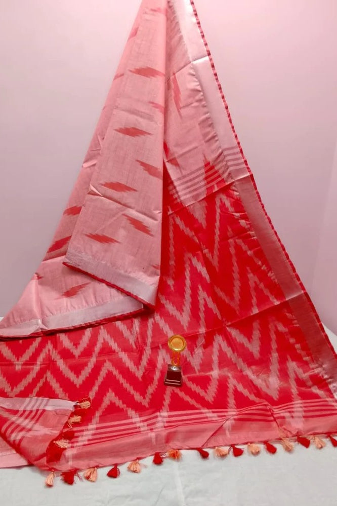 pink red handwoven ikat cotton saree - linenworldonline.in