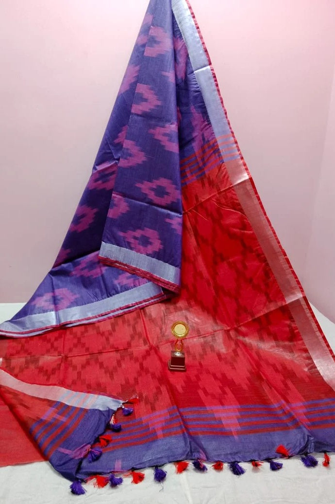 purple red handwoven ikat cotton saree - linenworldonline.in