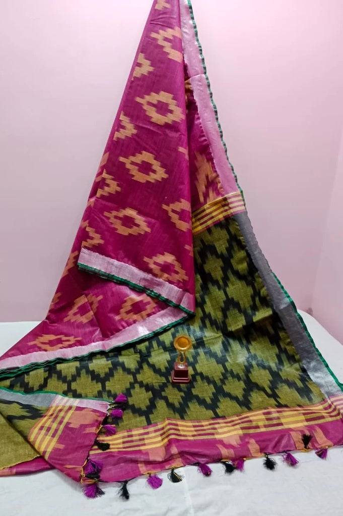 dark pink yellow handwoven ikat cotton saree - linenworldonline.in