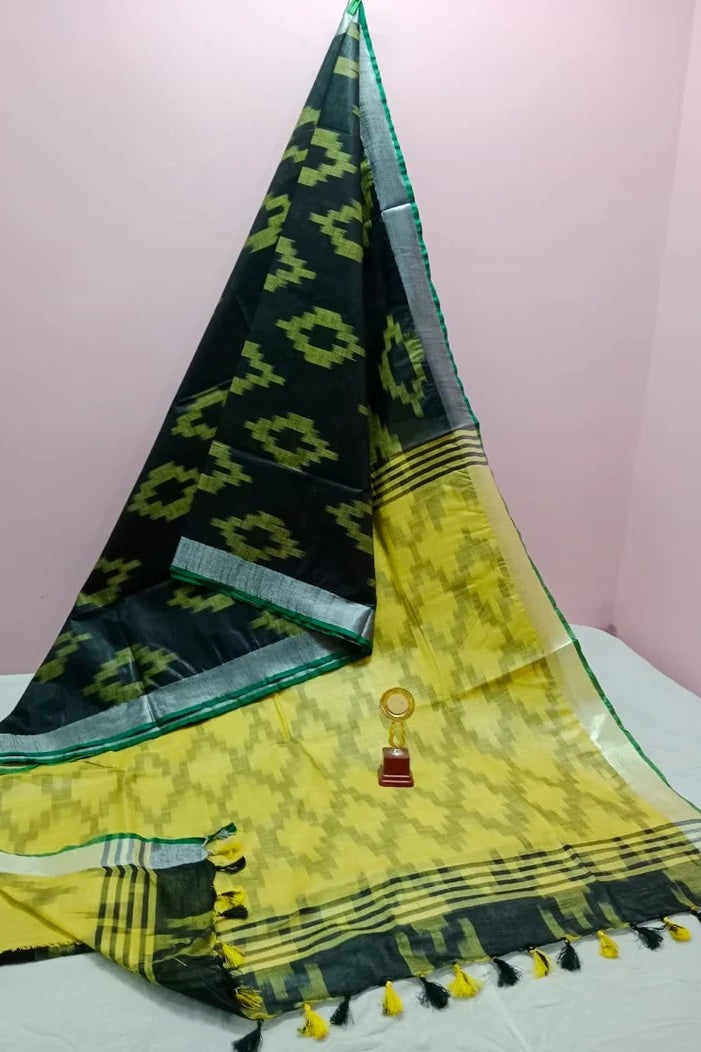 black yellow handwoven ikat cotton saree - linenworldonline.in