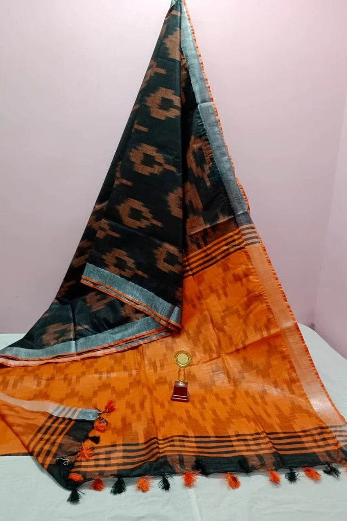 black orange handwoven ikat cotton saree - linenworldonline.in