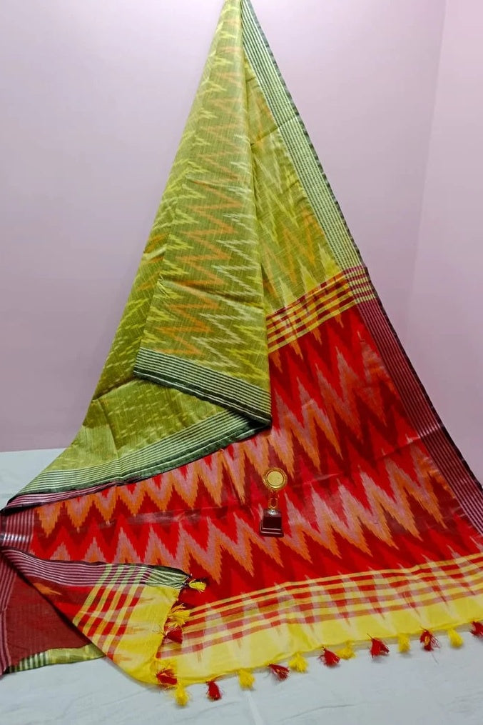 yellow red handwoven ikat cotton saree - linenworldonline.in