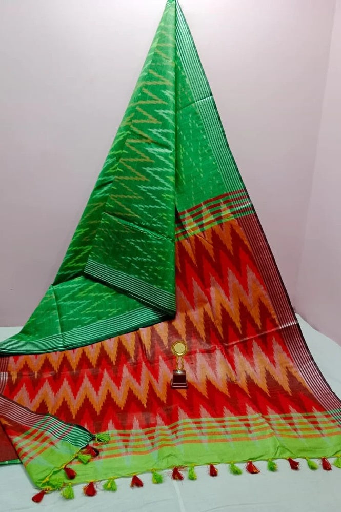 green red handwoven ikat cotton saree - linenworldonline.in