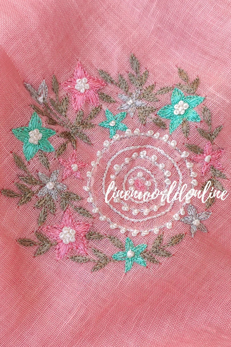peach handwoven linen saree with french knot embroidery - linenworldonline.in