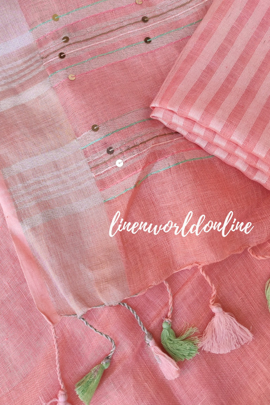 peach handwoven linen saree with french knot embroidery - linenworldonline.in
