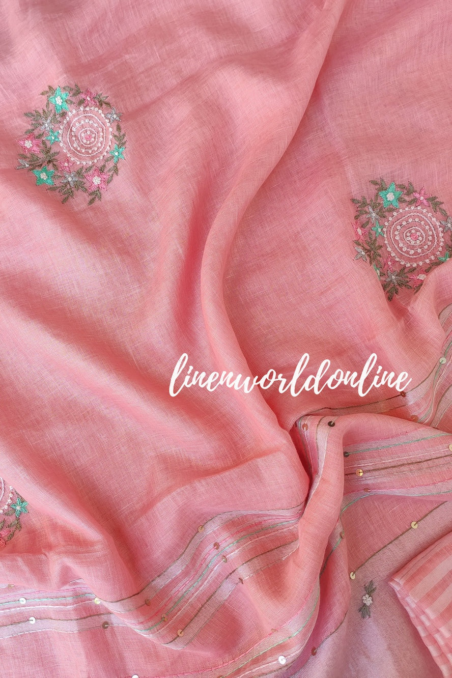 peach handwoven linen saree with french knot embroidery - linenworldonline.in