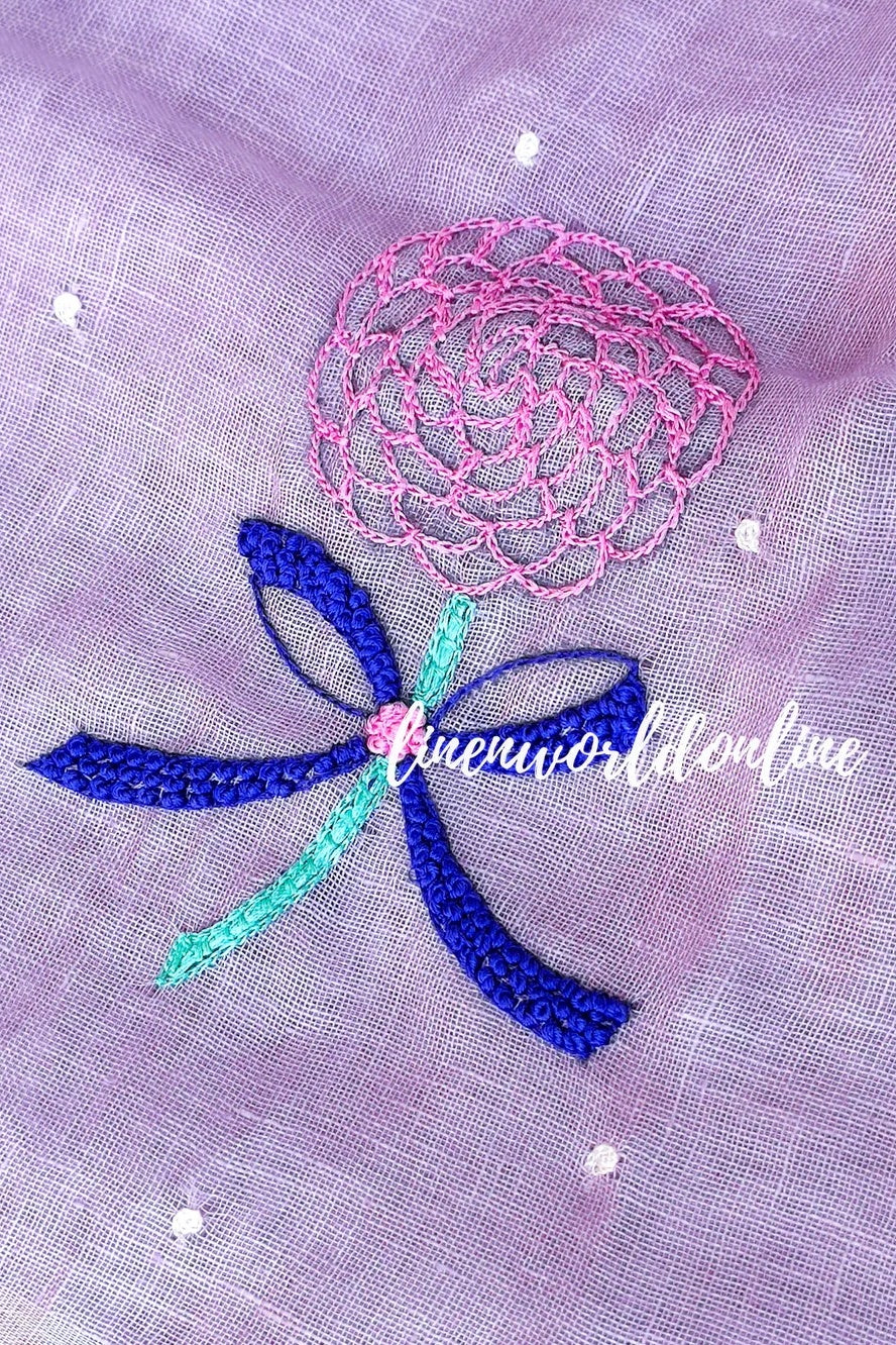 lilac handwoven linen saree with french knot embroidery - linenworldonline.in
