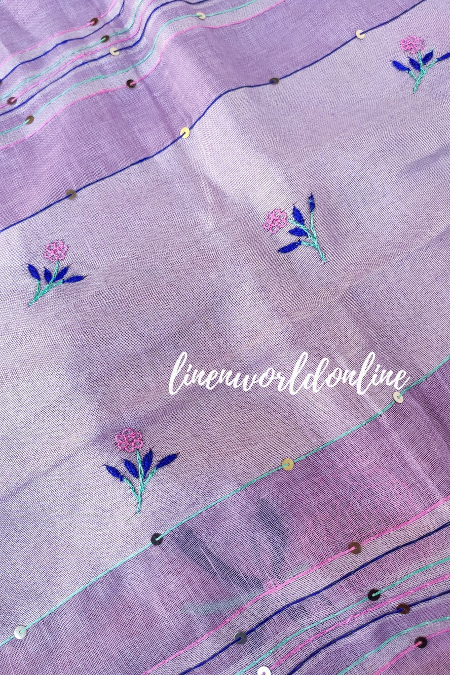 lilac handwoven linen saree with french knot embroidery - linenworldonline.in
