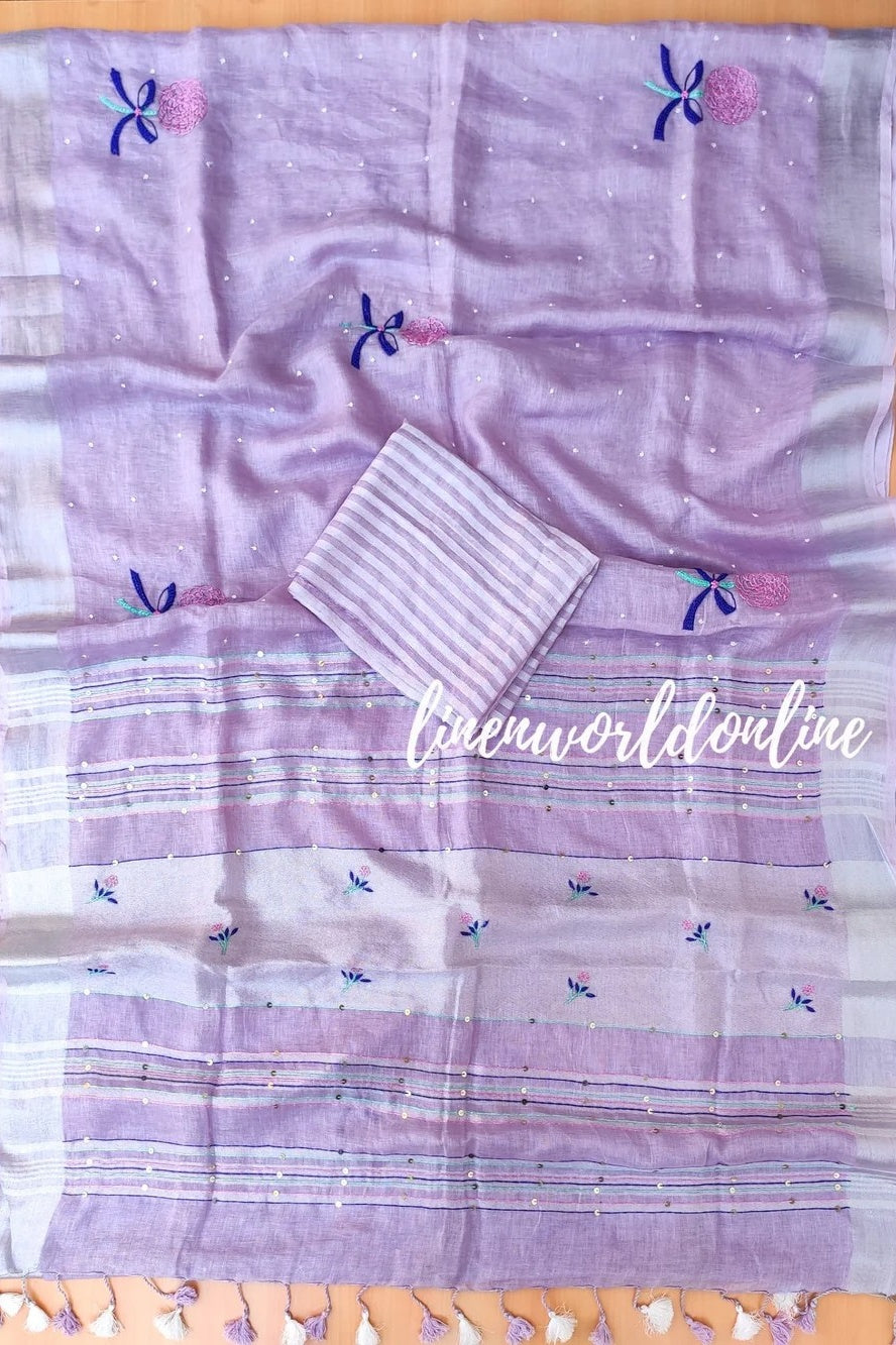 lilac handwoven linen saree with french knot embroidery - linenworldonline.in