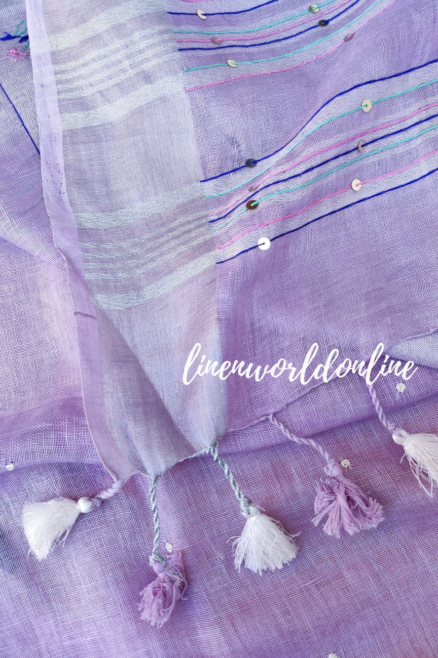 lilac handwoven linen saree with french knot embroidery - linenworldonline.in