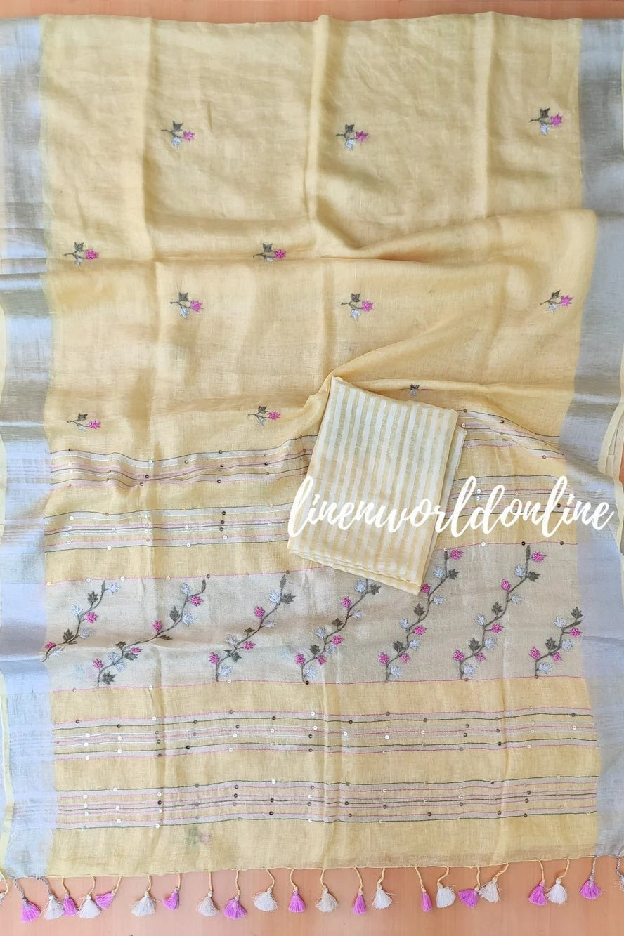 yellow handwoven linen saree with french knot embroidery - linenworldonline.in