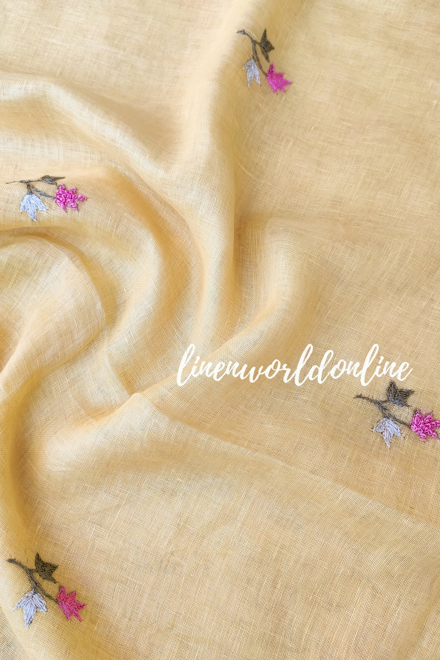 yellow handwoven linen saree with french knot embroidery - linenworldonline.in