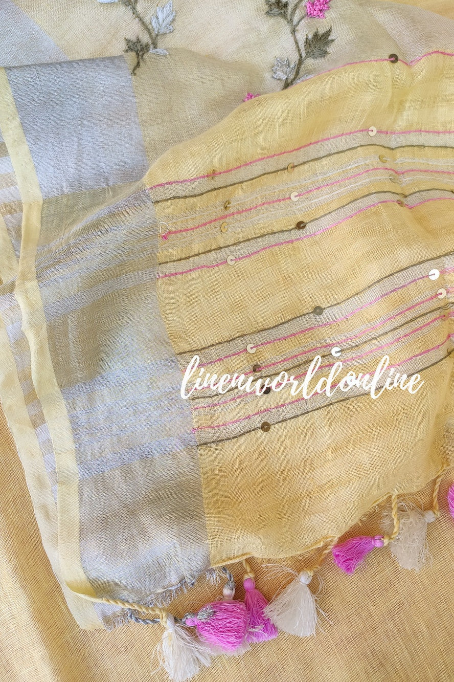 yellow handwoven linen saree with french knot embroidery - linenworldonline.in