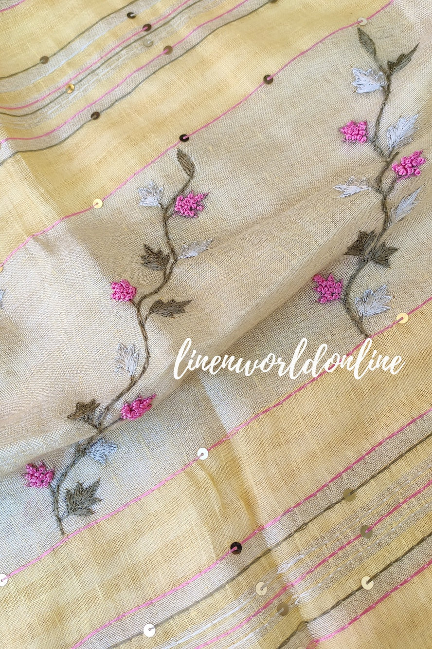 yellow handwoven linen saree with french knot embroidery - linenworldonline.in