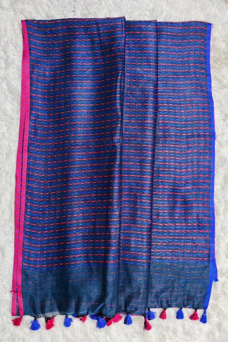 steel blue pure linen kantha woven saree - linenworldonline.in