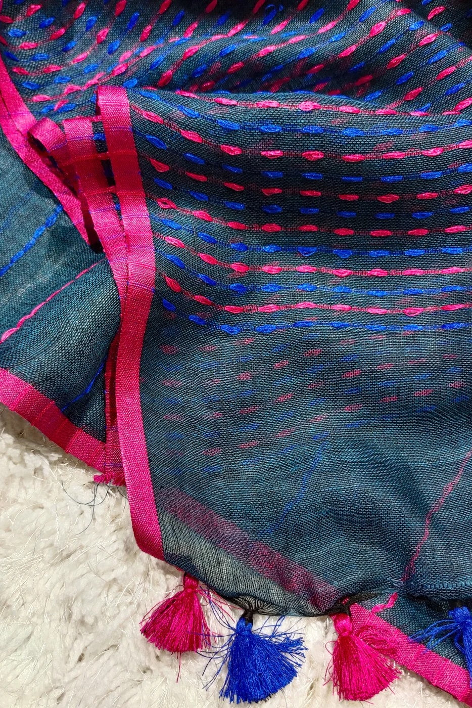 steel blue pure linen kantha woven saree - linenworldonline.in