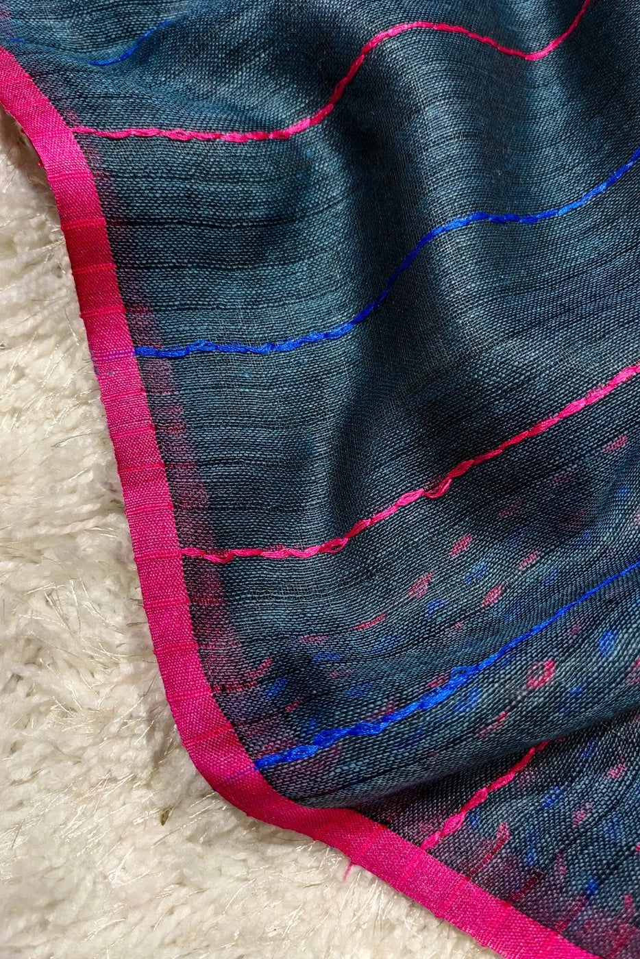 steel blue pure linen kantha woven saree - linenworldonline.in
