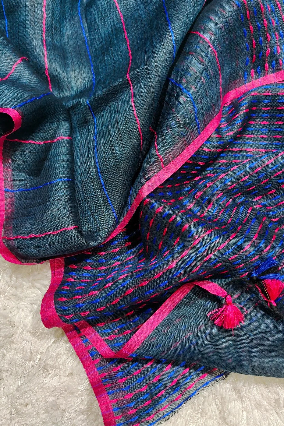 steel blue pure linen kantha woven saree - linenworldonline.in