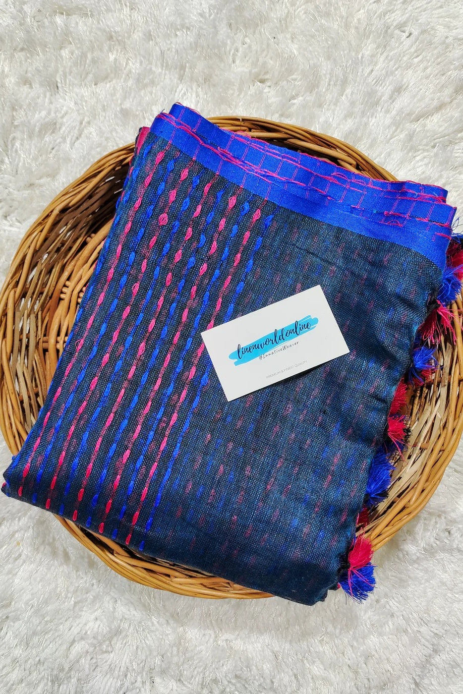 steel blue pure linen kantha woven saree - linenworldonline.in