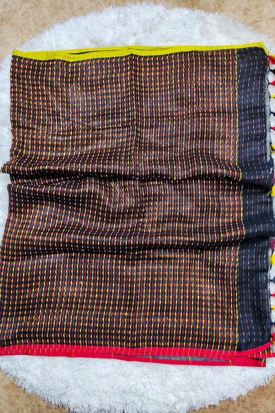 black pure linen kantha woven saree - linenworldonline.in