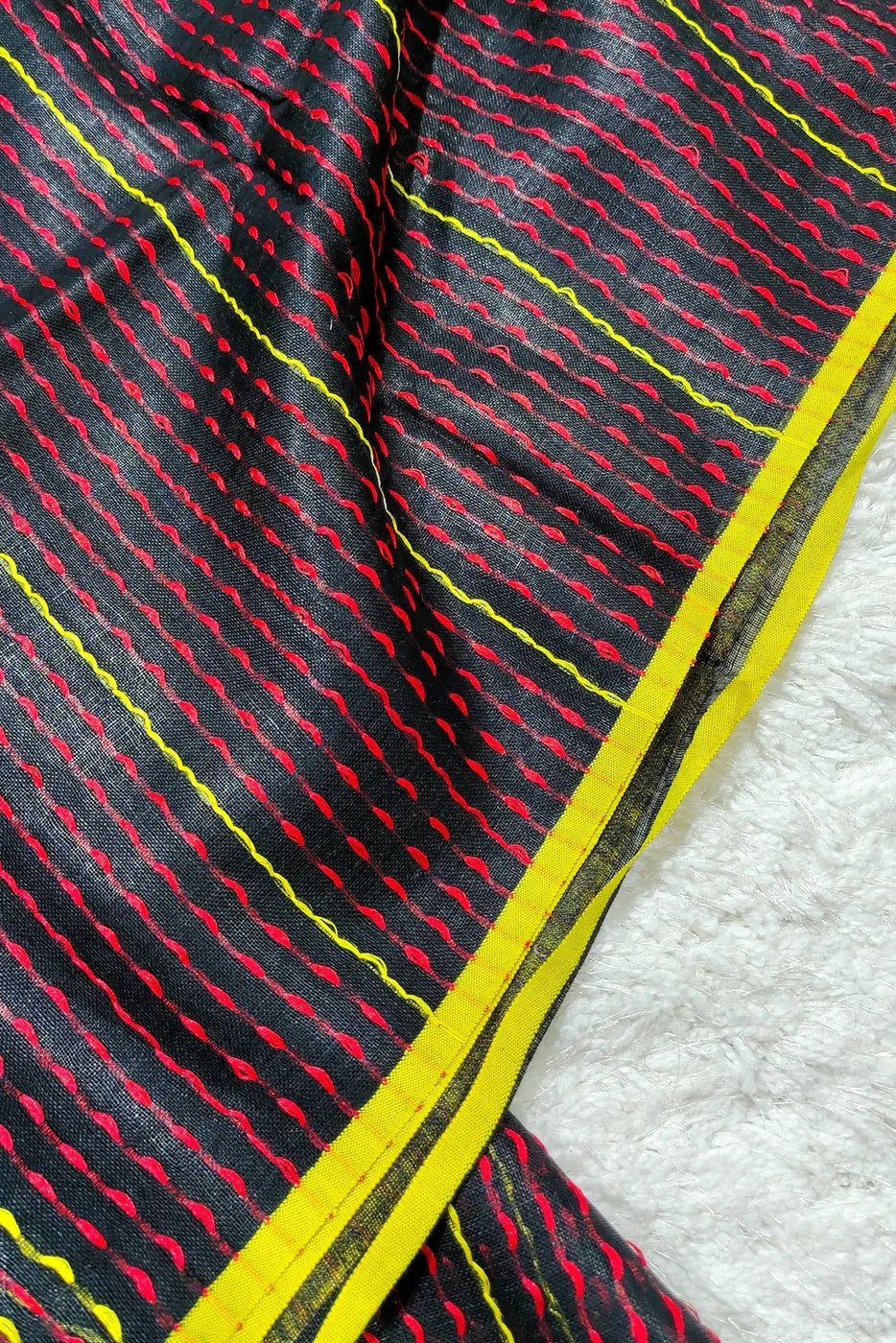 black pure linen kantha woven saree - linenworldonline.in