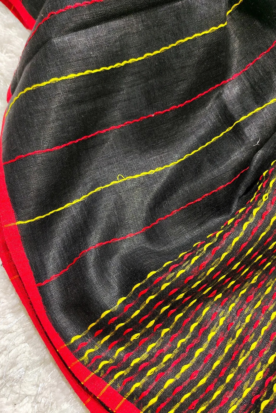 black pure linen kantha woven saree - linenworldonline.in