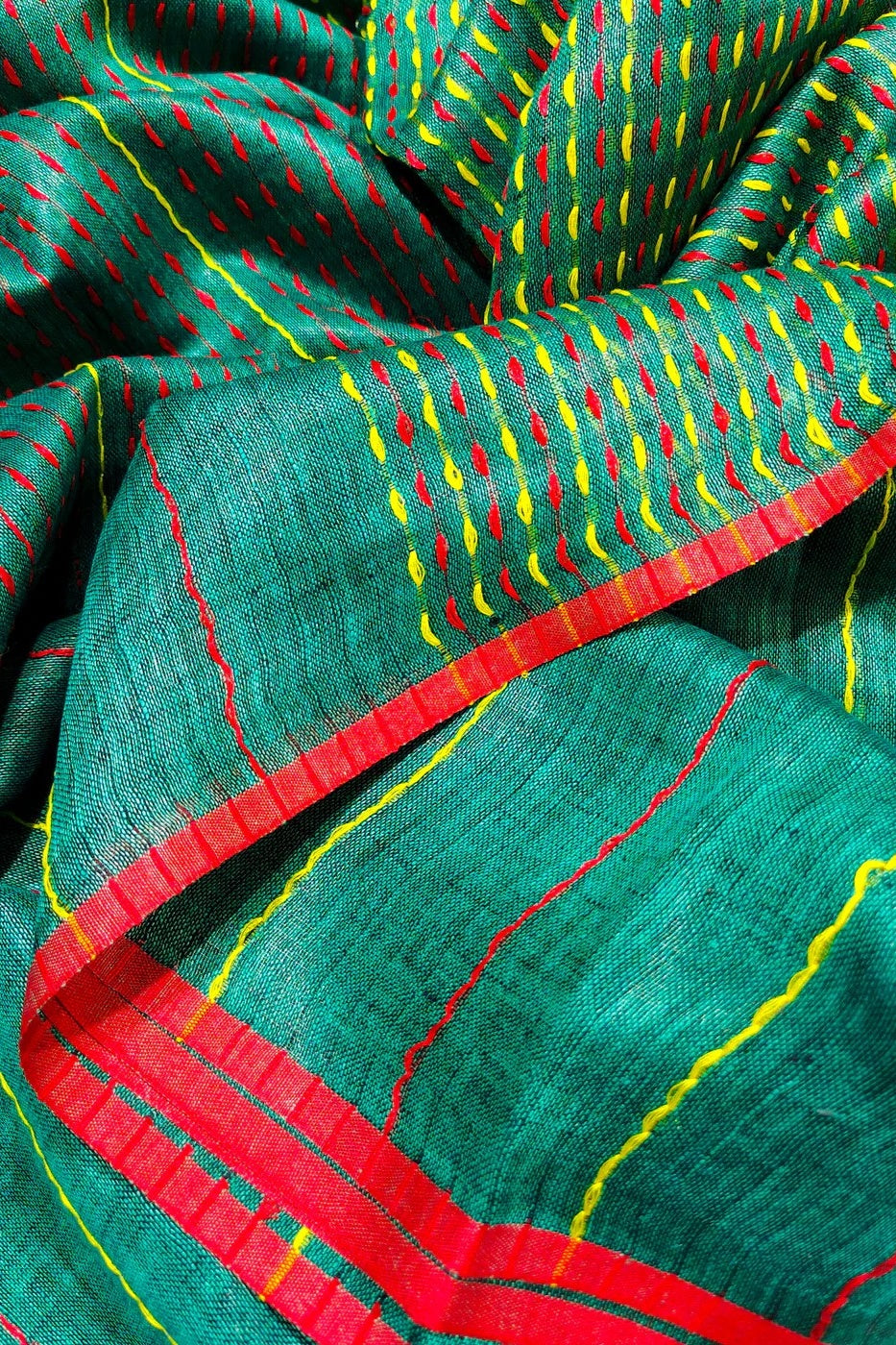 green pure linen kantha woven saree - linenworldonline.in