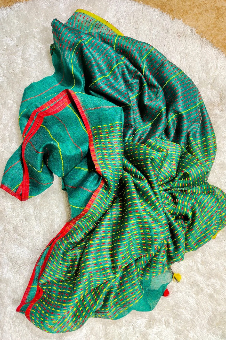 green pure linen kantha woven saree - linenworldonline.in
