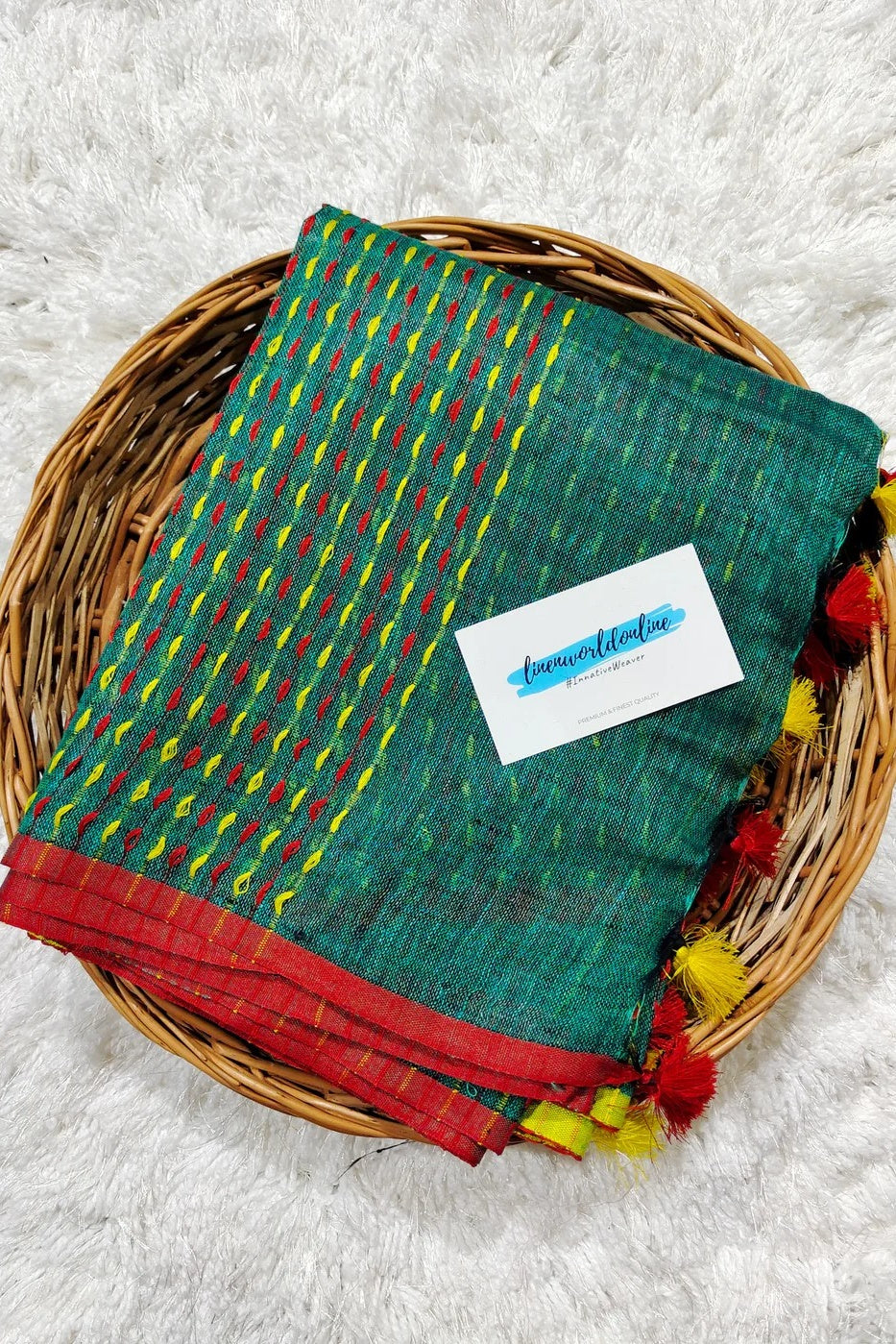 green pure linen kantha woven saree - linenworldonline.in
