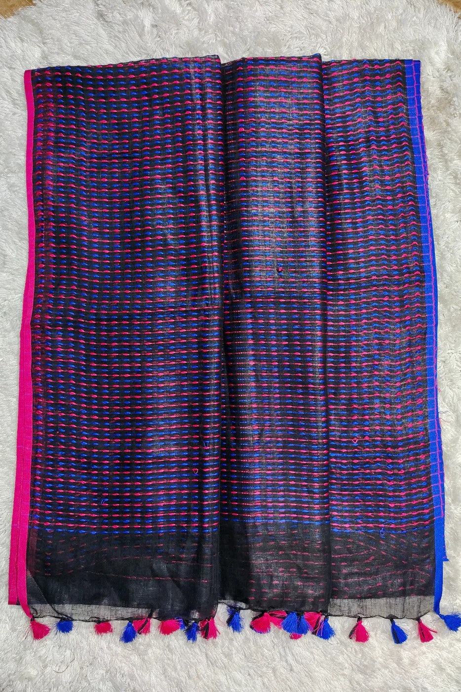 black pure linen kantha woven saree - linenworldonline.in