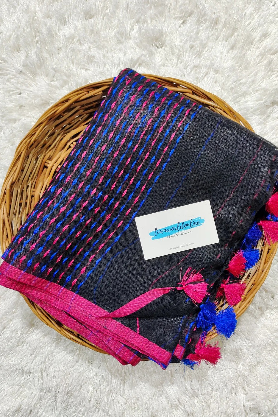 black pure linen kantha woven saree - linenworldonline.in