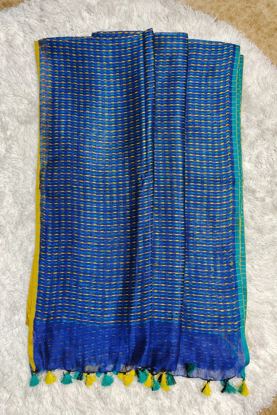 blue pure linen kantha woven saree - linenworldonline.in