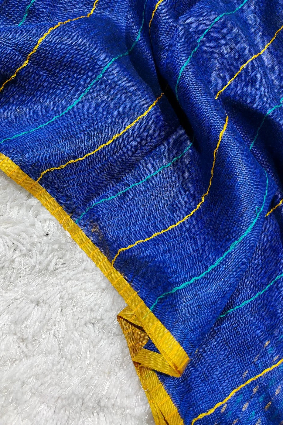blue pure linen kantha woven saree - linenworldonline.in