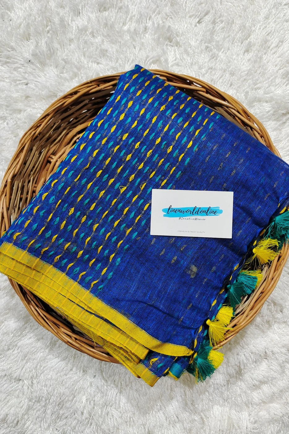blue pure linen kantha woven saree - linenworldonline.in