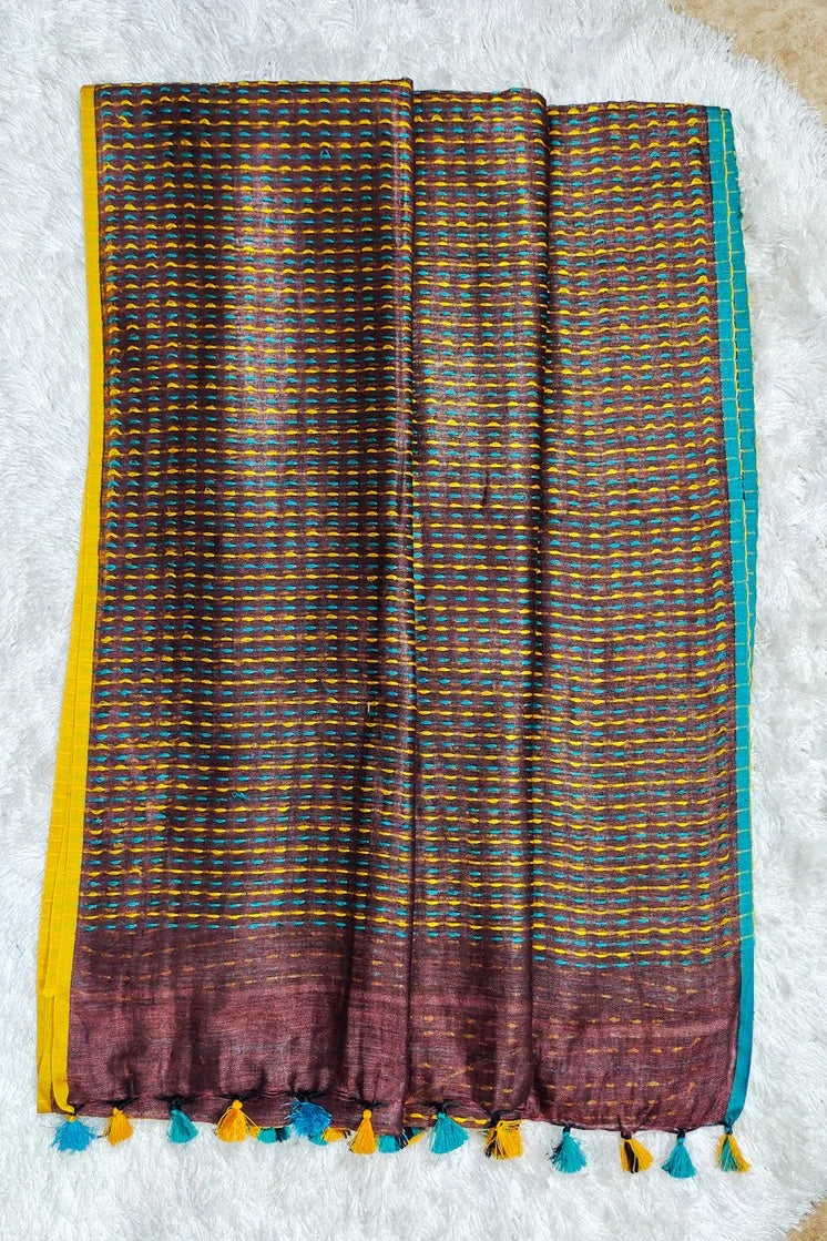 maroon pure linen kantha woven saree - linenworldonline.in