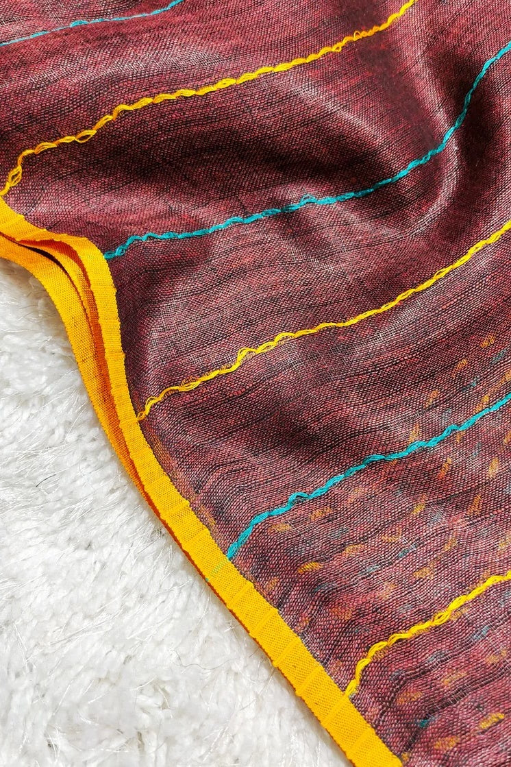maroon pure linen kantha woven saree - linenworldonline.in