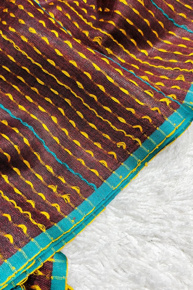 maroon pure linen kantha woven saree - linenworldonline.in