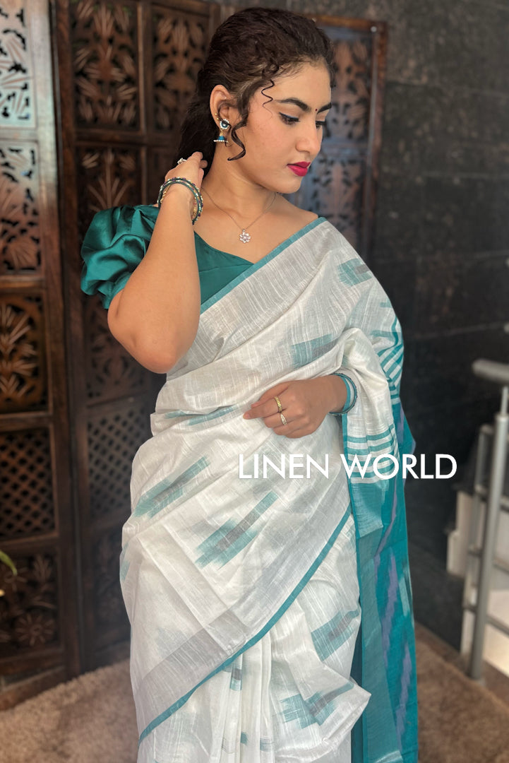 aashvi - white cotton ikat sari - linenworldonline.in