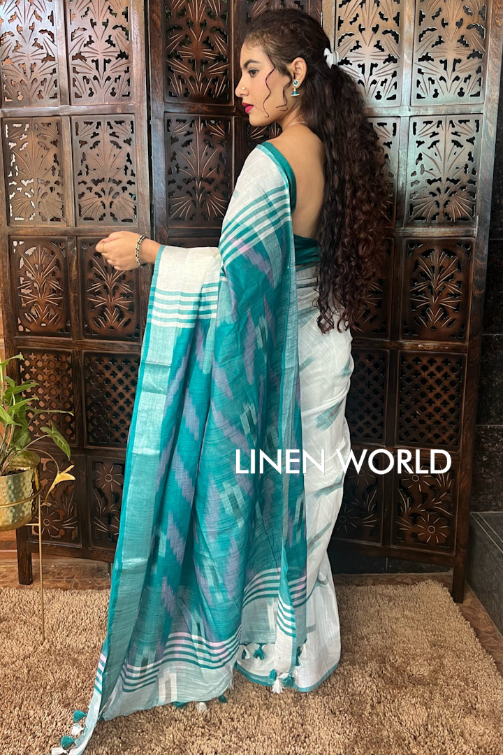 aashvi - white cotton ikat sari - linenworldonline.in