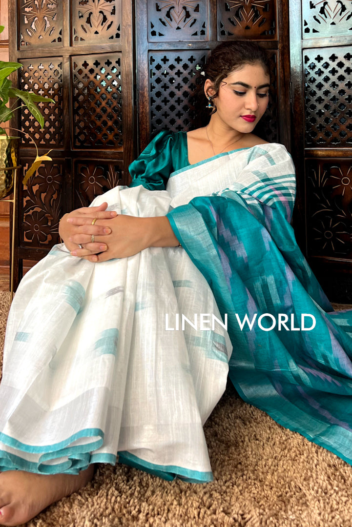 aashvi - white cotton ikat sari - linenworldonline.in